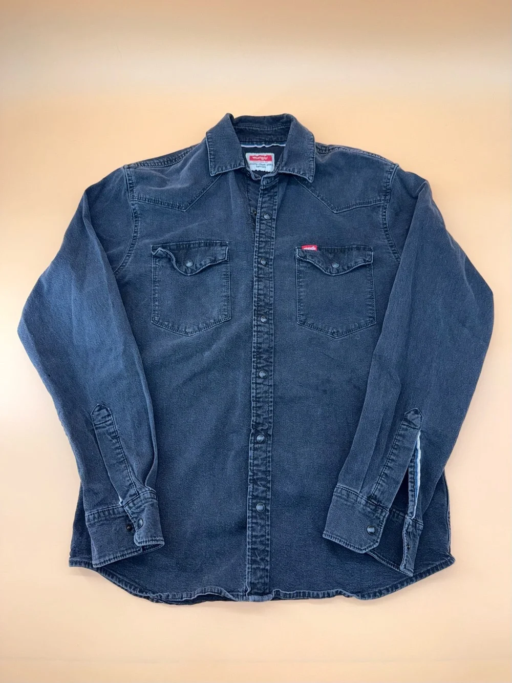 Wrangler Western Snap Button Utility Shirt Black Denim Cotton Long Sleeve